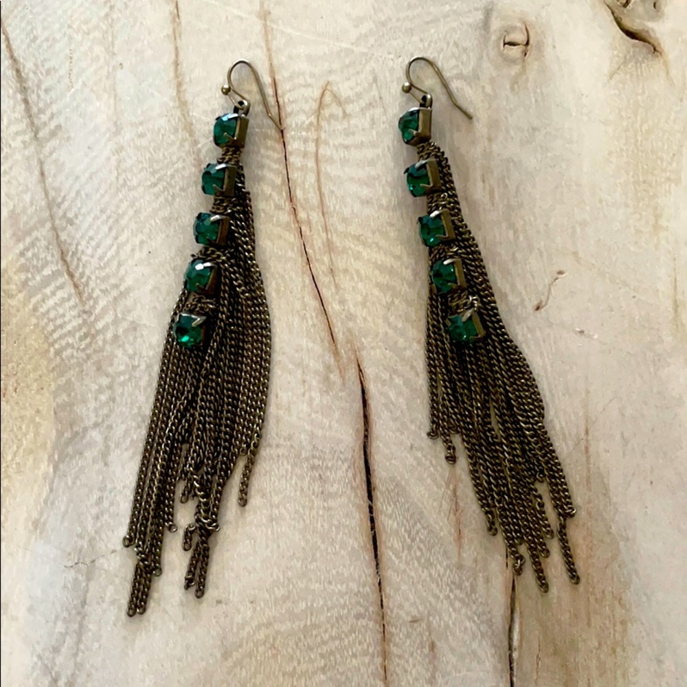 Emerald rhinestone chain dangling earrings